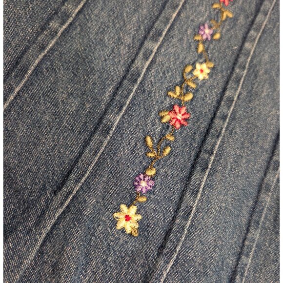 Vtg. Bobbie Brooks Dress Cottage Maxi Sz M Embroidered Floral Denim Modest Tie - Picture 7 of 16